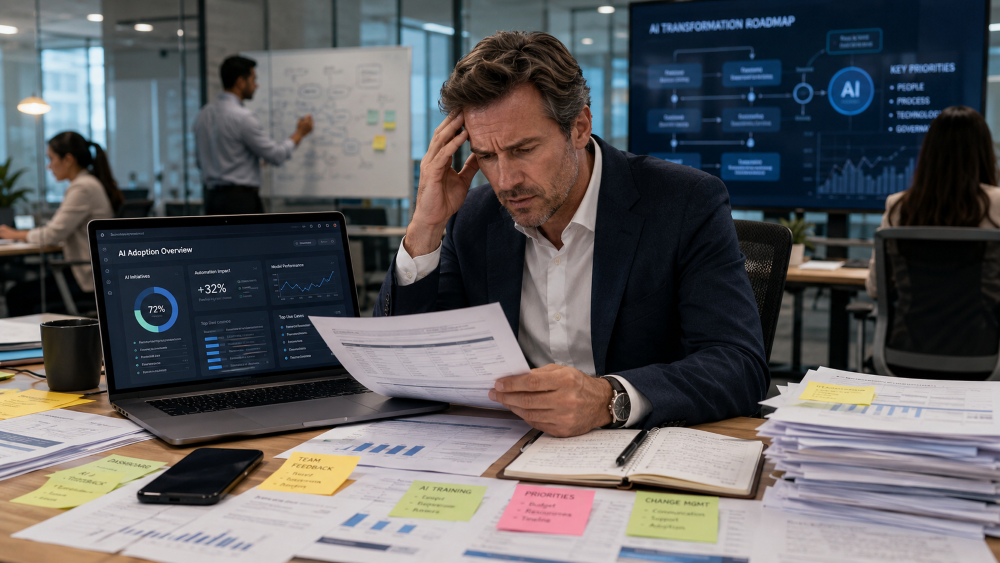 A middle manager reviewing AI-generated reports on a laptop while team members work in the background, representing the growing pressure of AI adoption in modern organizations.