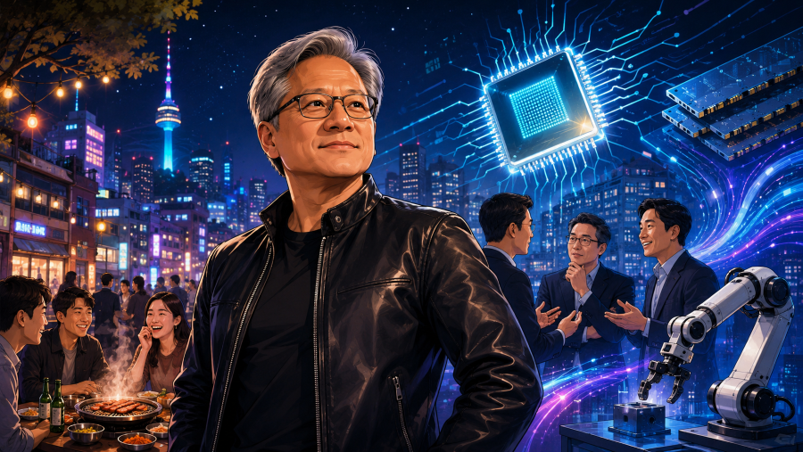 A realistic photo-style image of Seoul at night with glowing AI chip patterns, subtle data streams, and a futuristic robotics element, symbolizing South Korea’s role in the global AI supply chain.