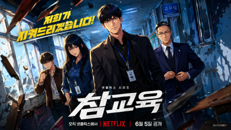 A cinematic anime-style school drama poster featuring four determined characters in a cracked and damaged school hallway, with dramatic lighting, flying debris, and bold Korean title text.