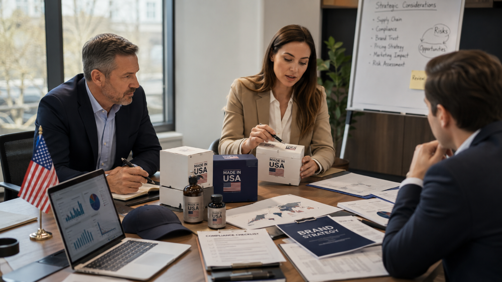 Business leaders reviewing Made in USA product labels, compliance documents, and brand strategy materials during a corporate meeting.