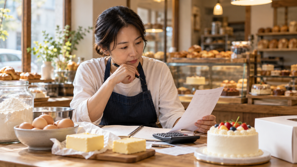 A small bakery owner reviews ingredient costs, receipts, and a calculator while planning a pricing strategy during inflation.